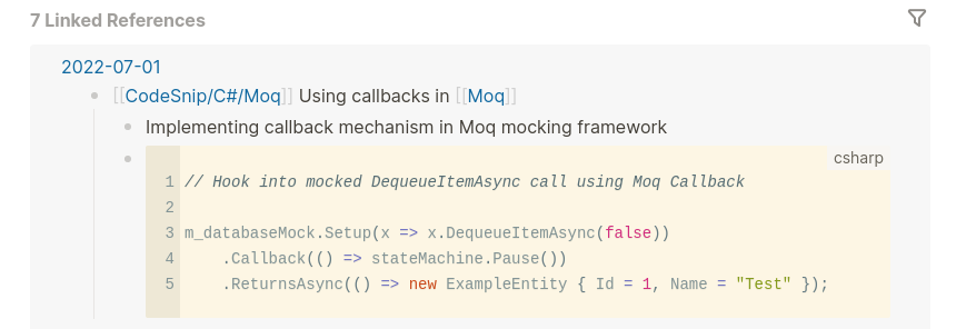 Code snippet linked reference in logseq
